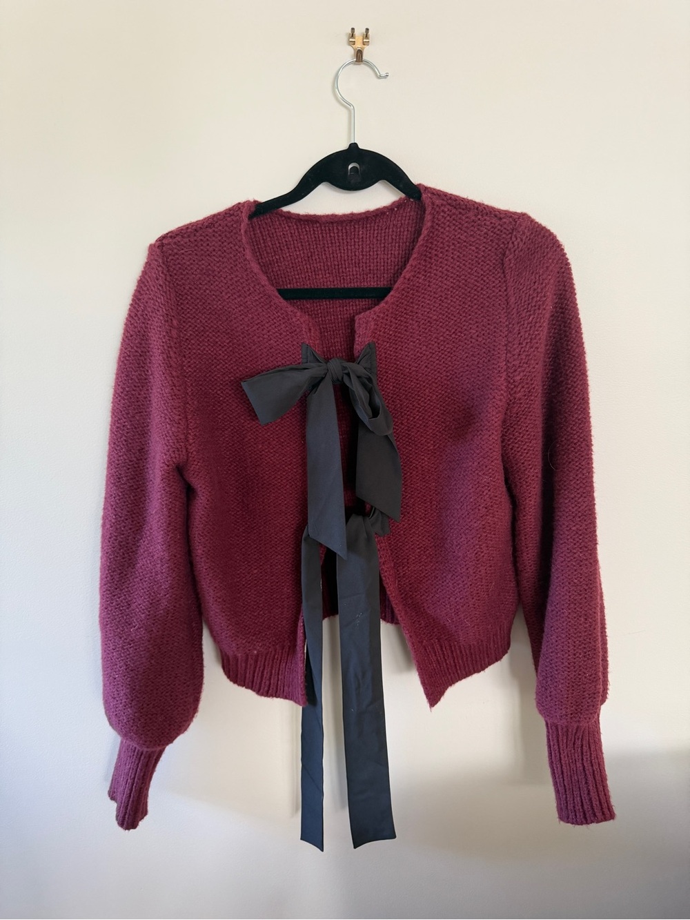 Soft Bow-Tie Cardigan Sweater - Burgundy Doen lookalike, holiday outfit